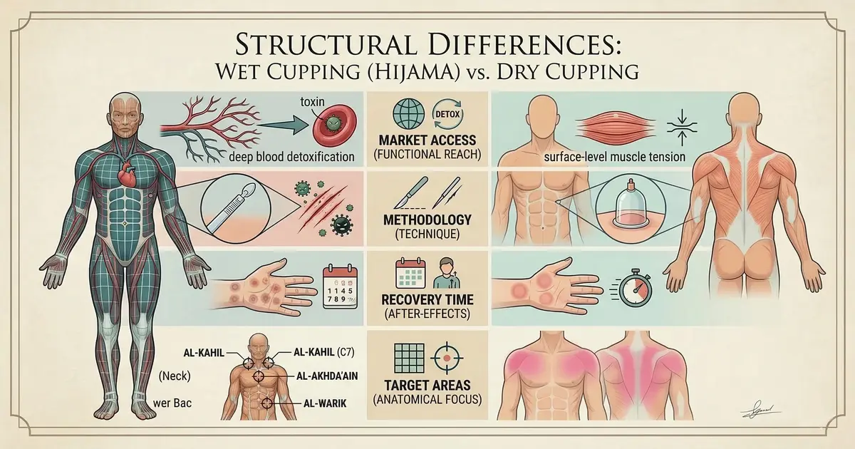 Infographic comparing wet cupping Hijama and dry cupping, showing market access, methodology, recovery time, and target areas including the Al-Kahil points