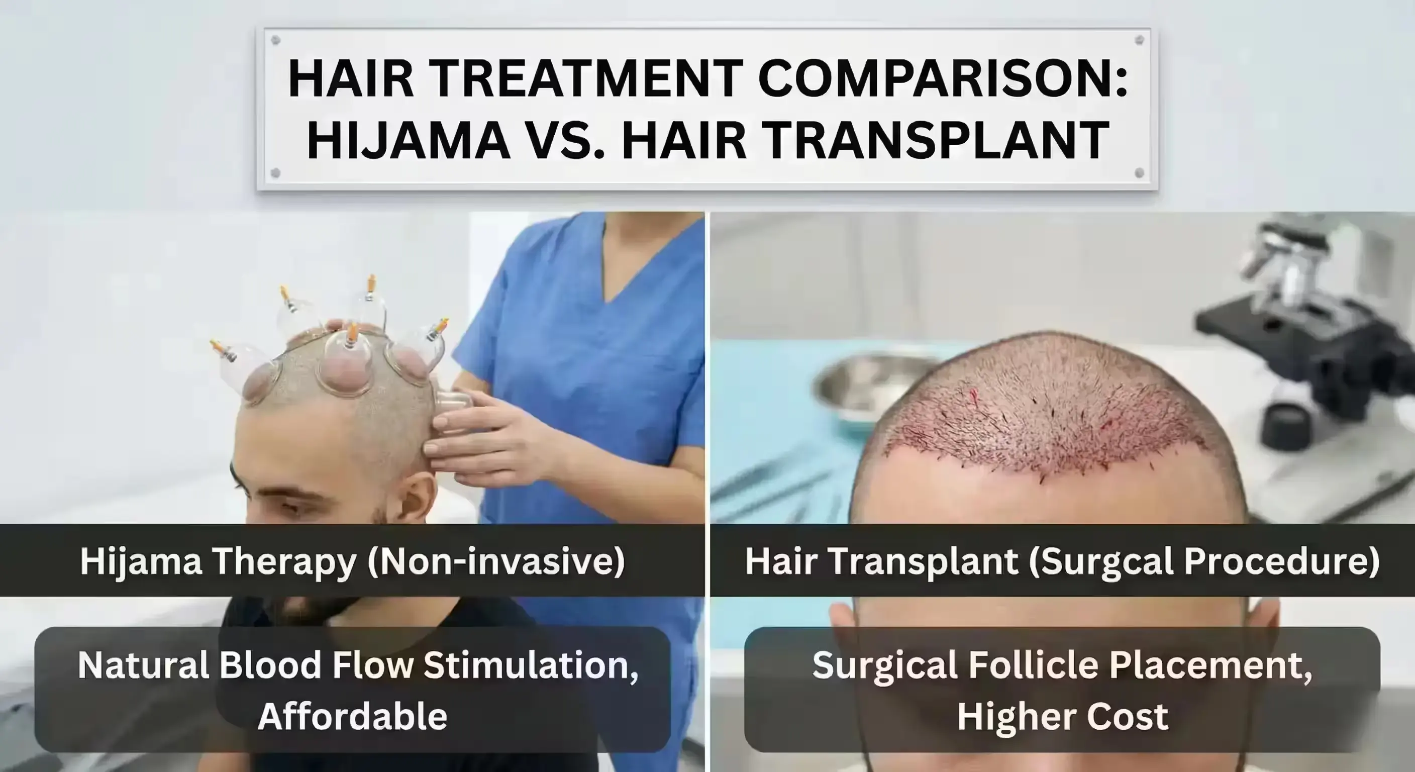 Diagram showing the Hijama hair regrowth process: detoxification, improved microcirculation, and follicle reactivation