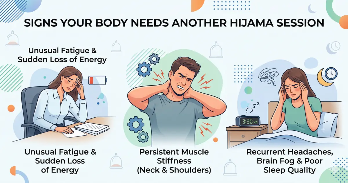 Illustration showing signs your body needs another Hijama session: unusual fatigue, persistent muscle stiffness, and recurrent headaches with poor sleep