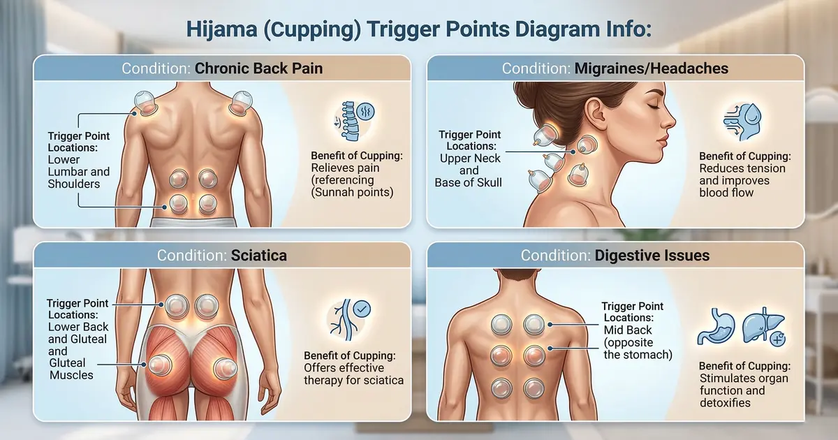 Diagram showing Hijama trigger point locations and cupping benefits for chronic back pain, migraines, sciatica, and digestive issues