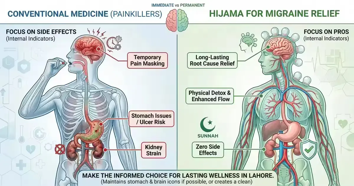 Infographic comparing conventional painkillers and Hijama for migraine relief, showing side effects versus root-cause healing and zero side effects