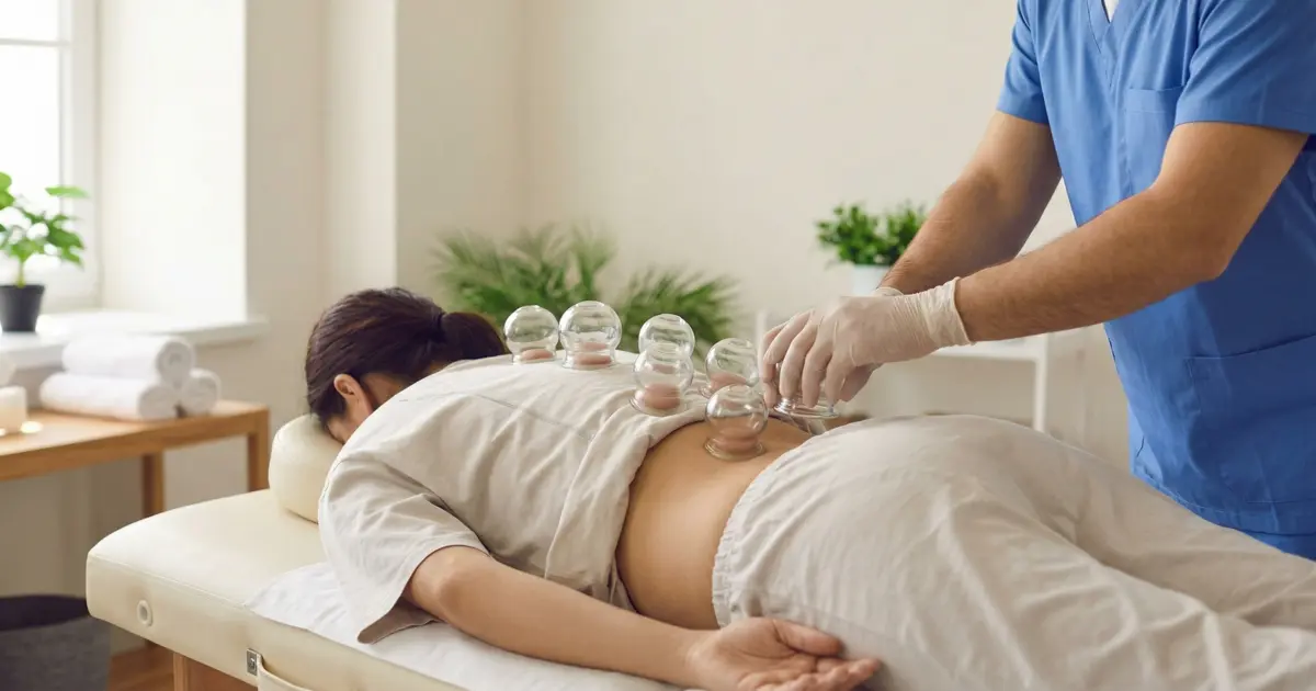 Trained therapist performing gentle, sterile cupping therapy on a patient's back