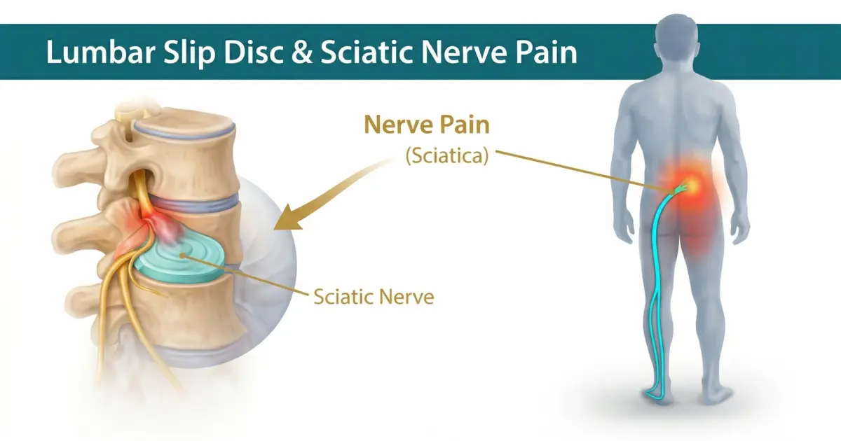 Diagram showing a lumbar slip disc compressing the sciatic nerve and the resulting radiating leg pain